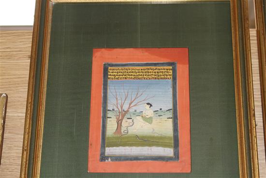 Indian School, Mewar? c.1860, two gouaches, Girl charming snakes, illustration the musical Mode Asvari Ragini and Girl offering a neckl
